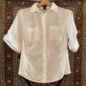 Ann Taylor White Cotton Shirt Loaded with Details! Translucent, Size 10